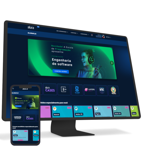 Um monitor e um celular com a plataforma Alura Plus aberta