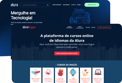 Telas das plataformas Alura+ e Alura Língua